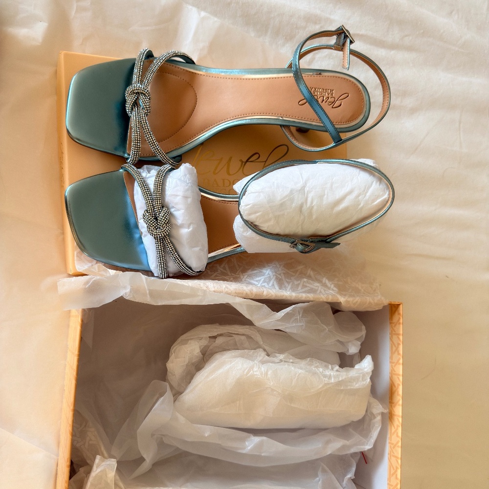 Jewel Badgley Mischka Teal and Silver Heeled Sandals